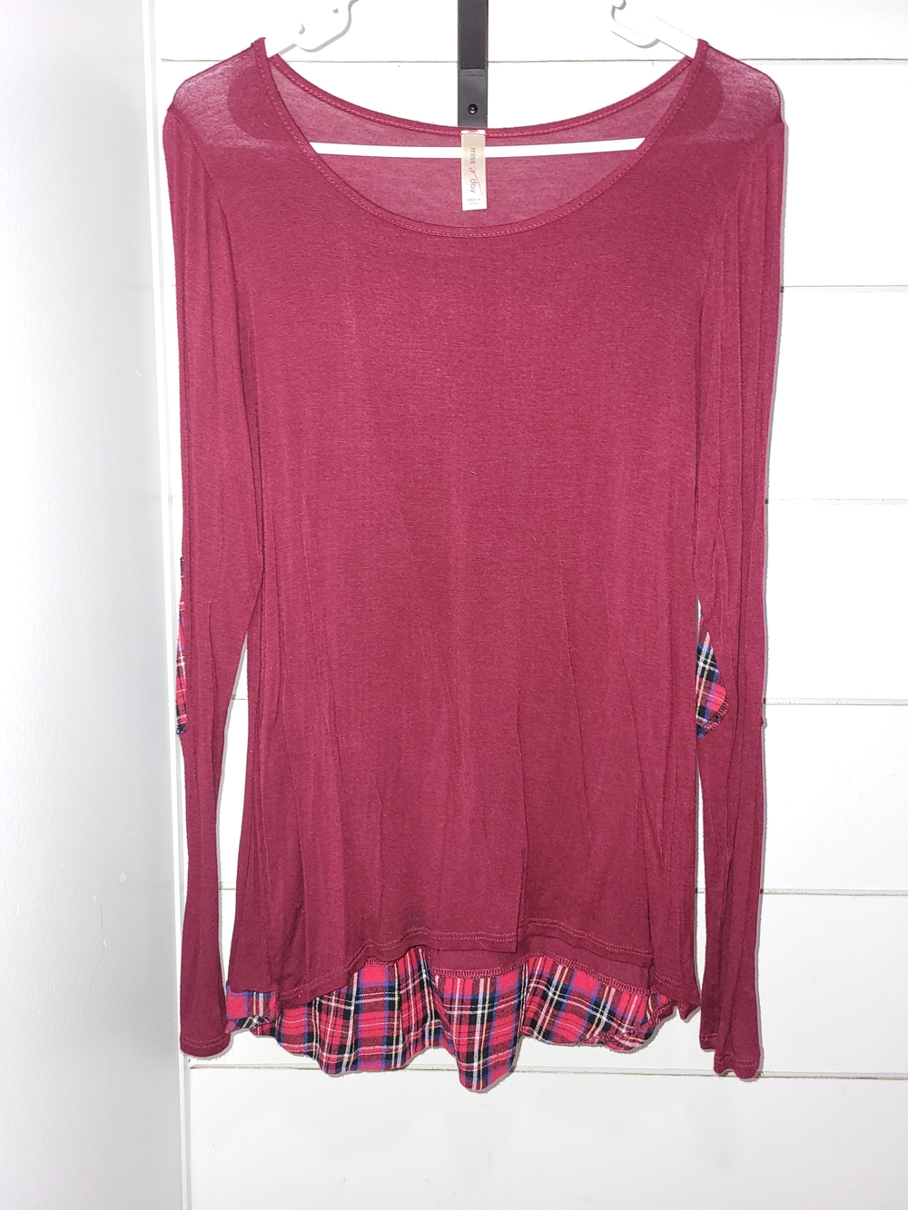 Miss Me Wine Long-Sleeve Layered Hem Top